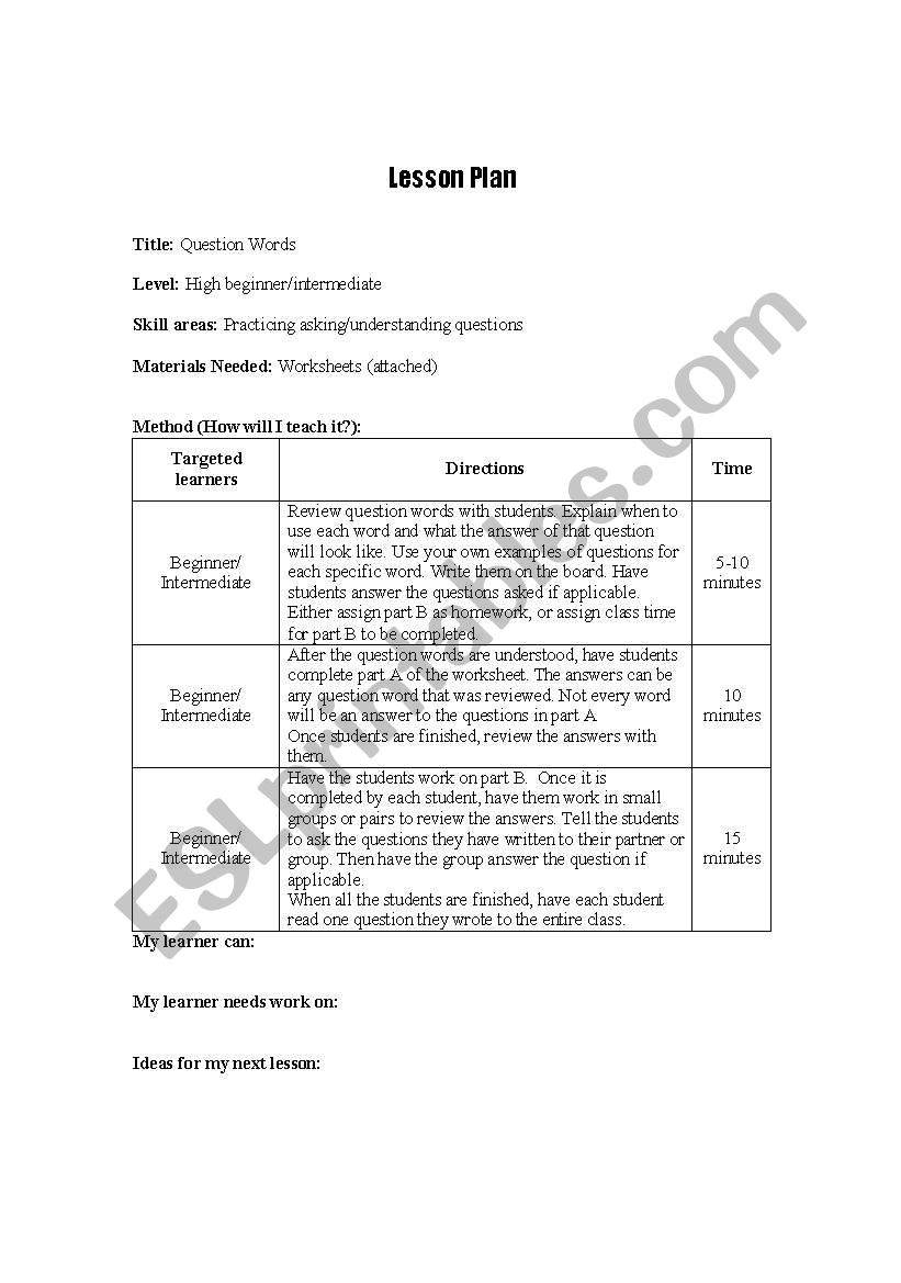 question words worksheet