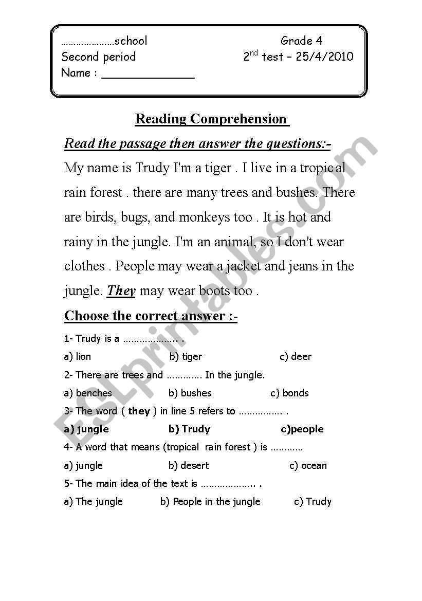 reading  test worksheet