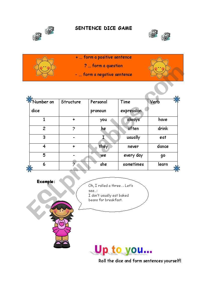 Sentence Dice Game worksheet