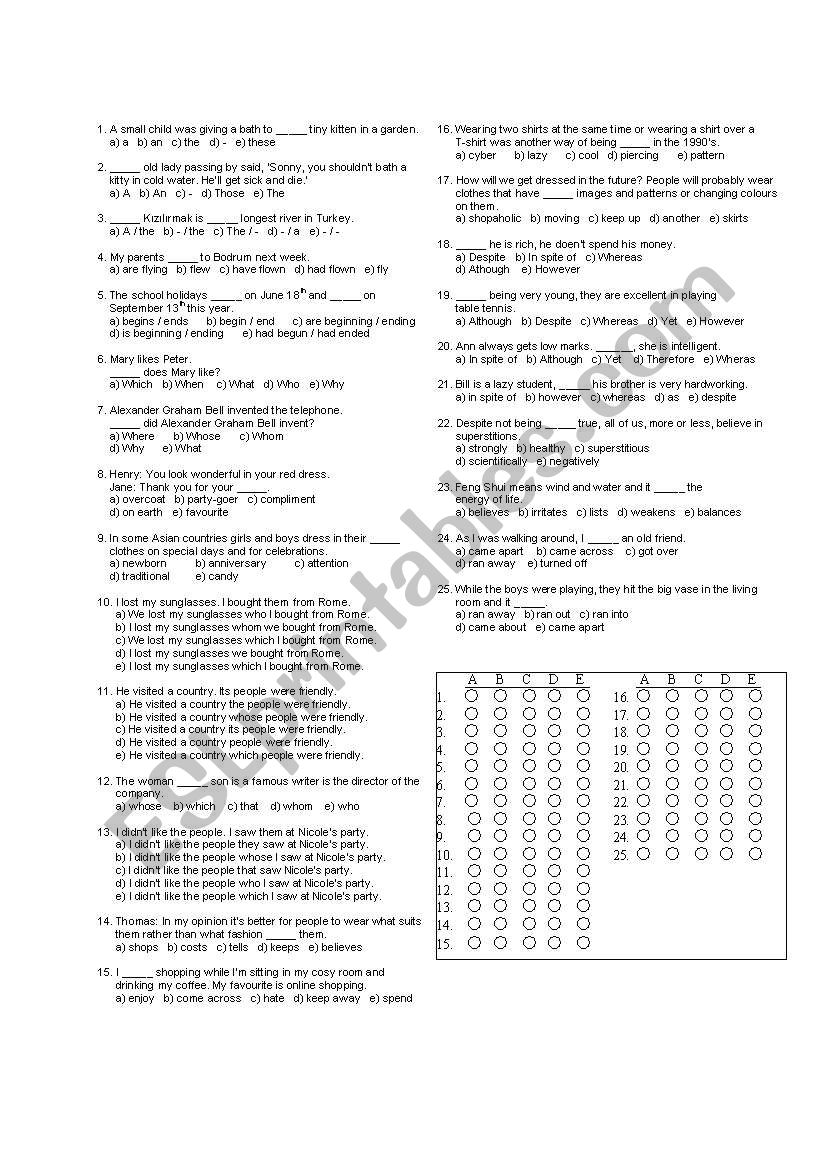 test for 9 th classes 2 worksheet