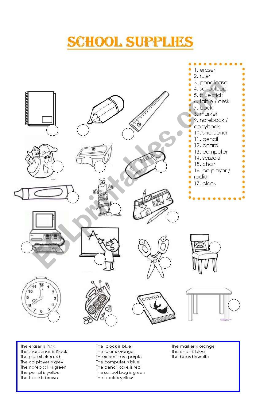 School supplies worksheet