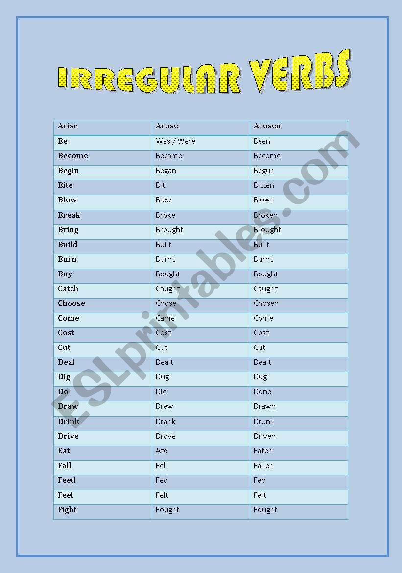 Irregular verbs list worksheet