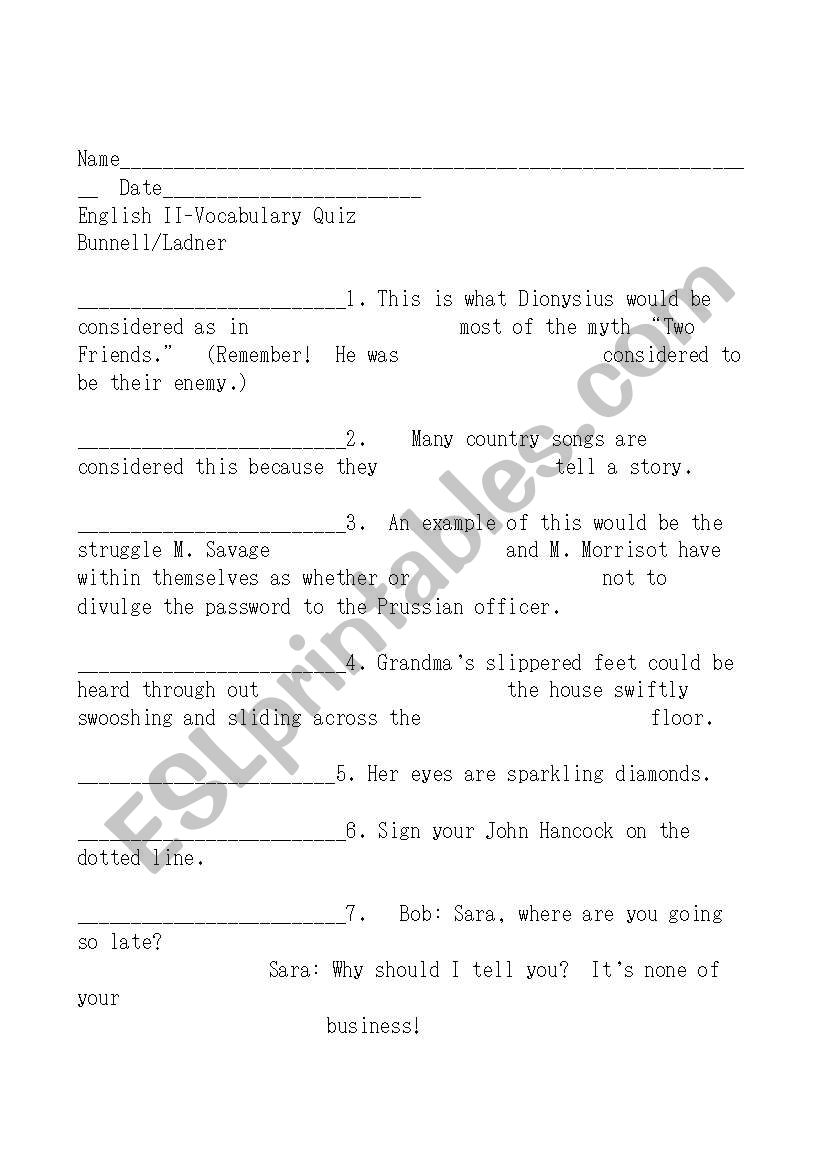 English II Vocabulary Quiz worksheet