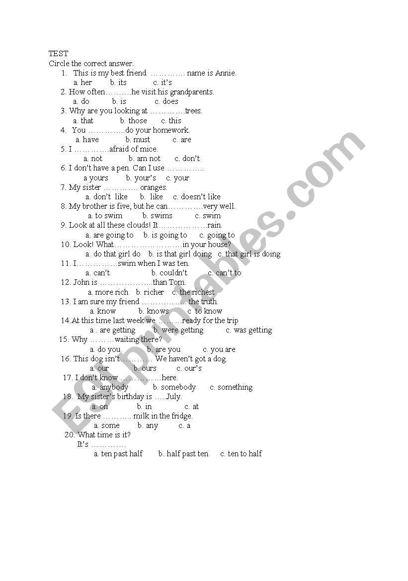 use of English test worksheet