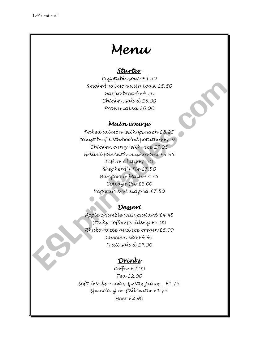 English Menu worksheet