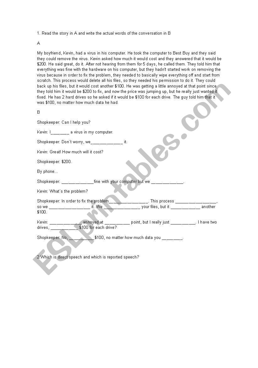 Reported Speech worksheet