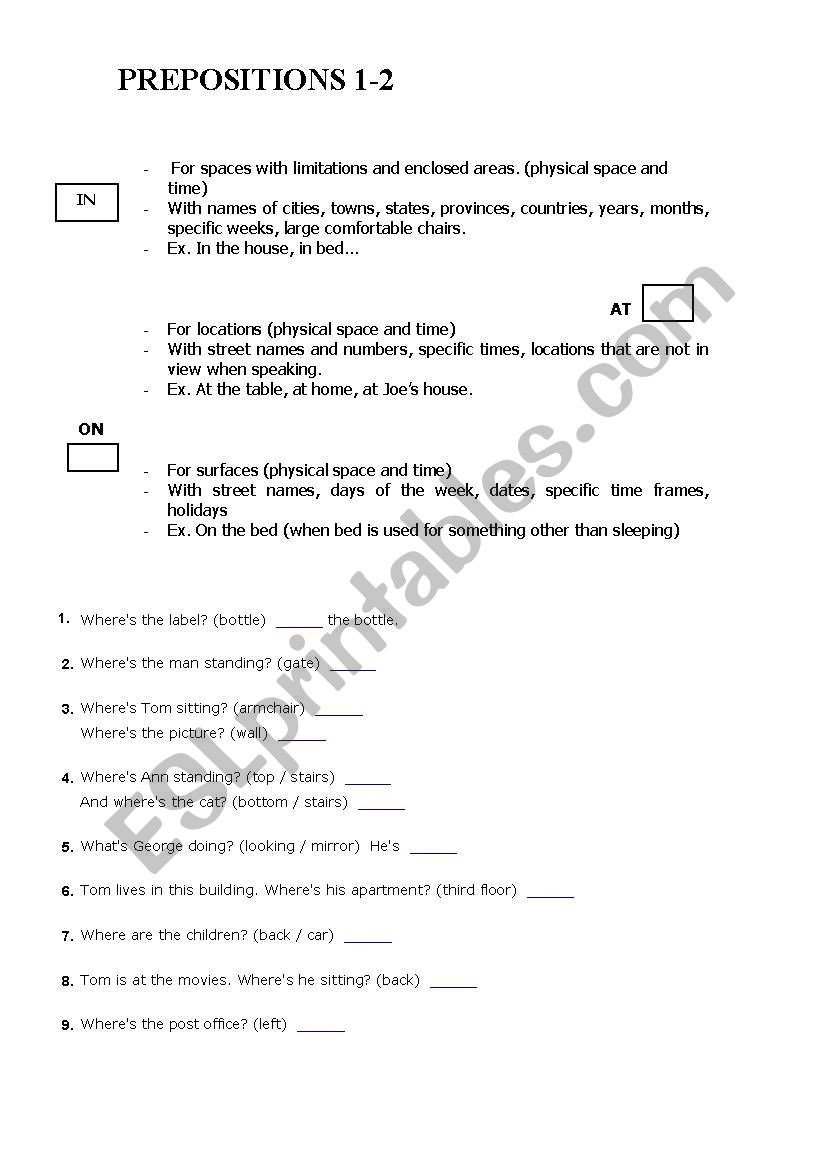 Prepositions in on at worksheet