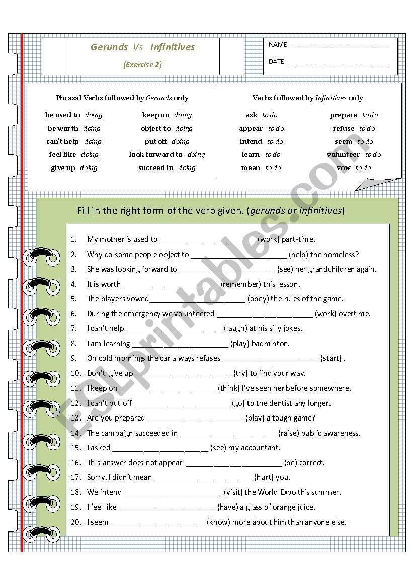 Verbs followed by Gerunds only or Infinitives only (Exercise 2 and Answer Key)