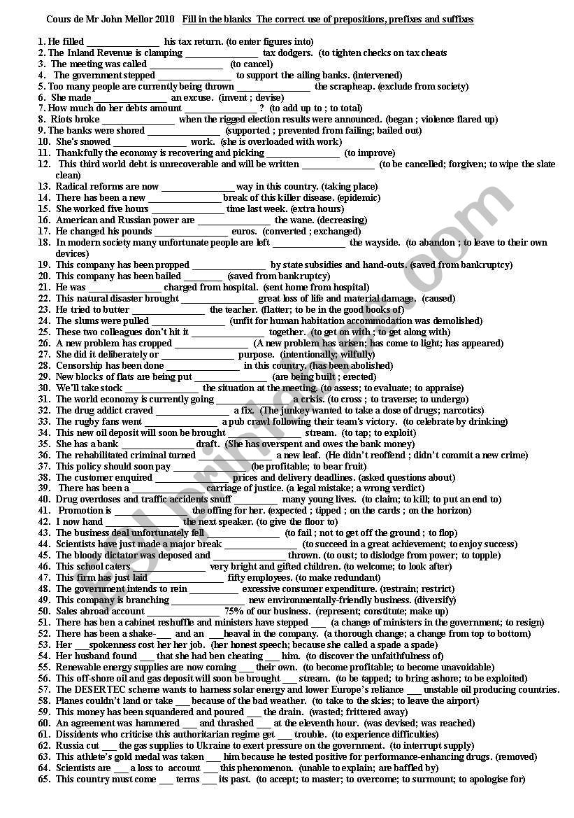 TEST OF ENGLISH STRUCTURES WITH PREPOSITIONS + ANSWER KEY