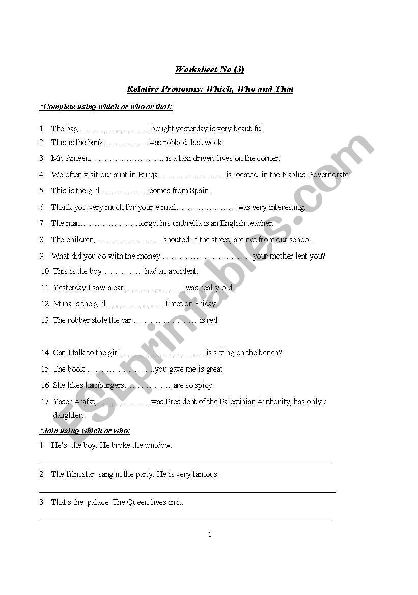 Relative pronouns worksheet