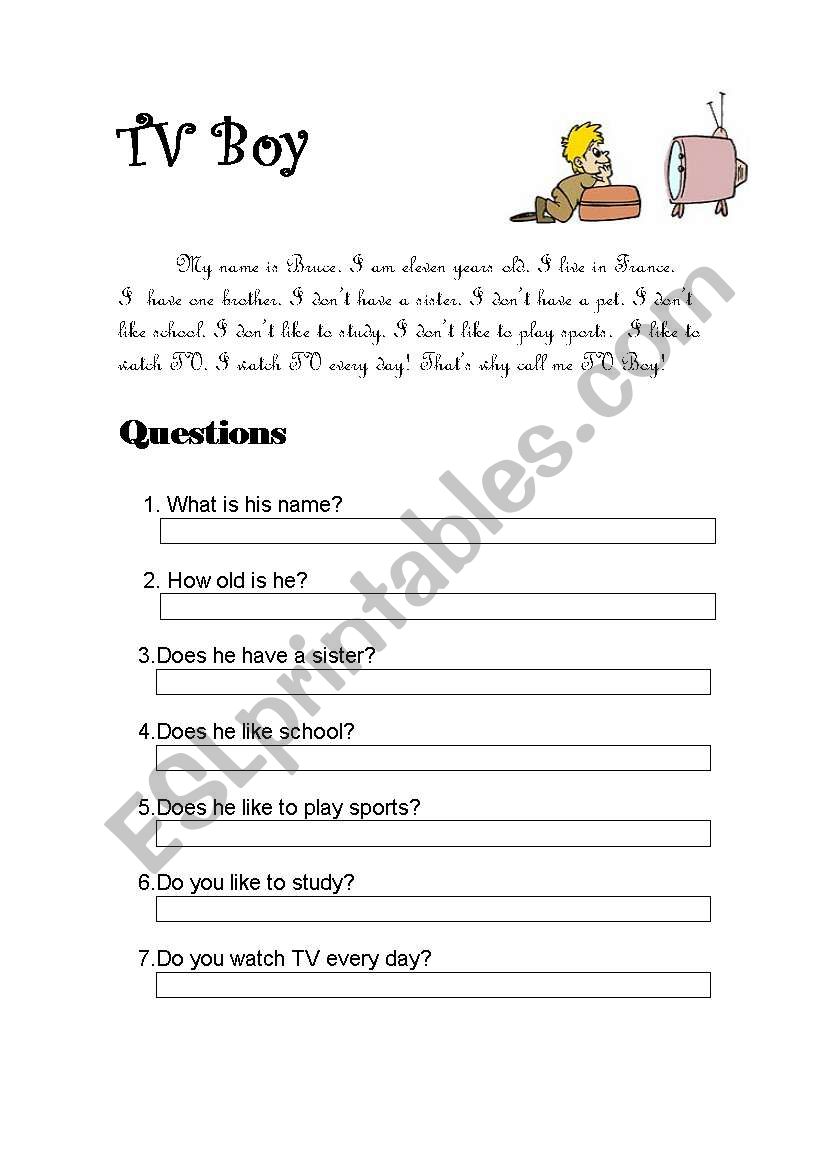 TV Boy worksheet