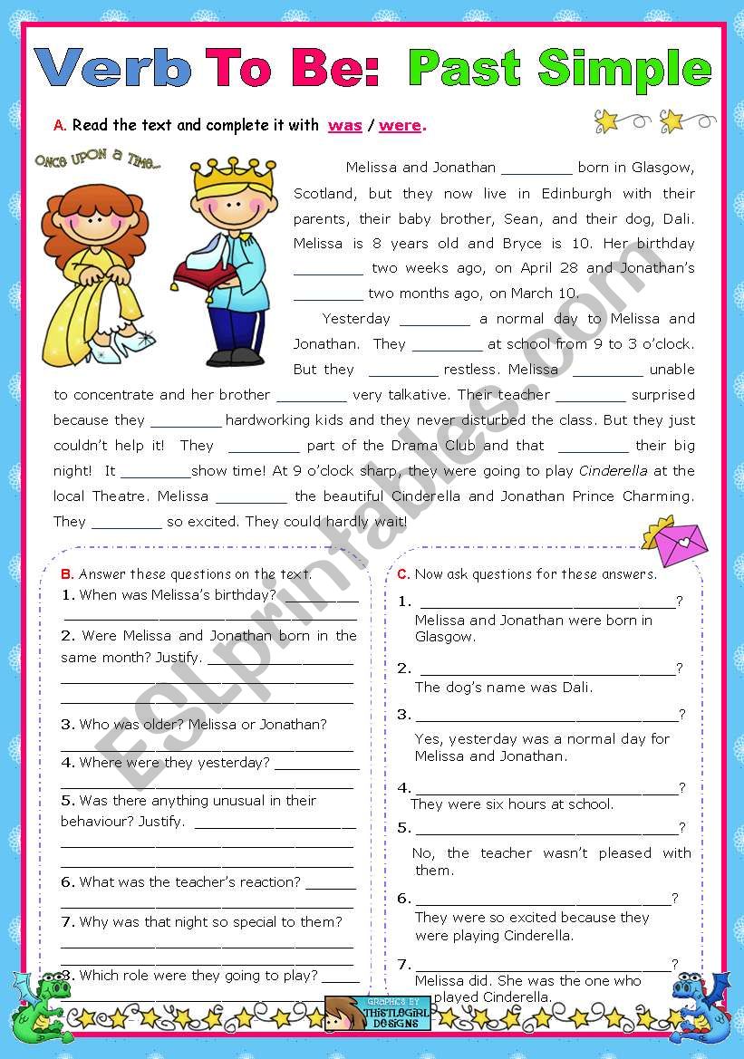 Verb To Be  -  Simple Past  -  Context: a school play - Cinderella