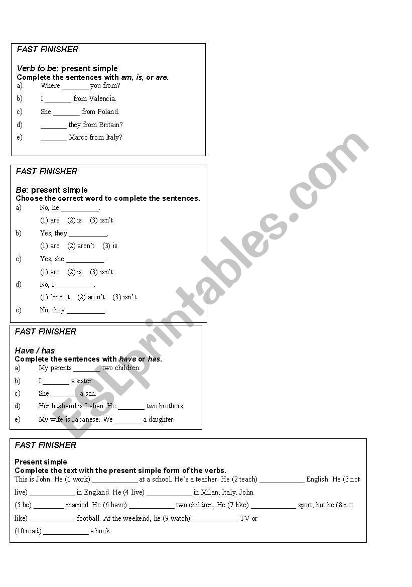 fast finishers worksheet