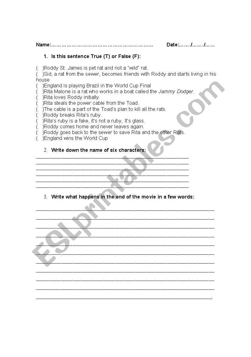 Flushed away - movie activity worksheet