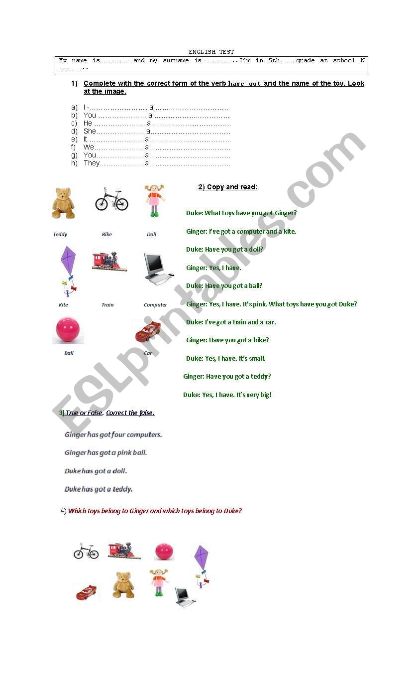 TOYS worksheet