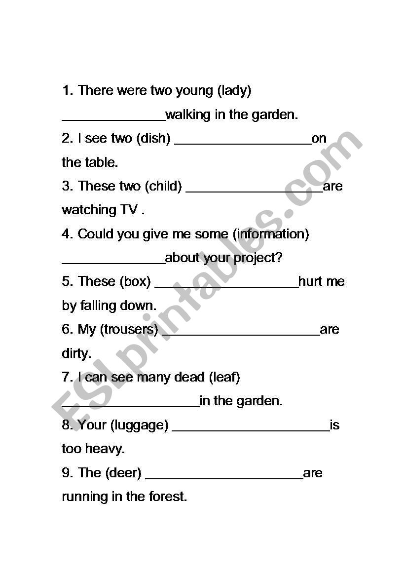 phural noun worksheet