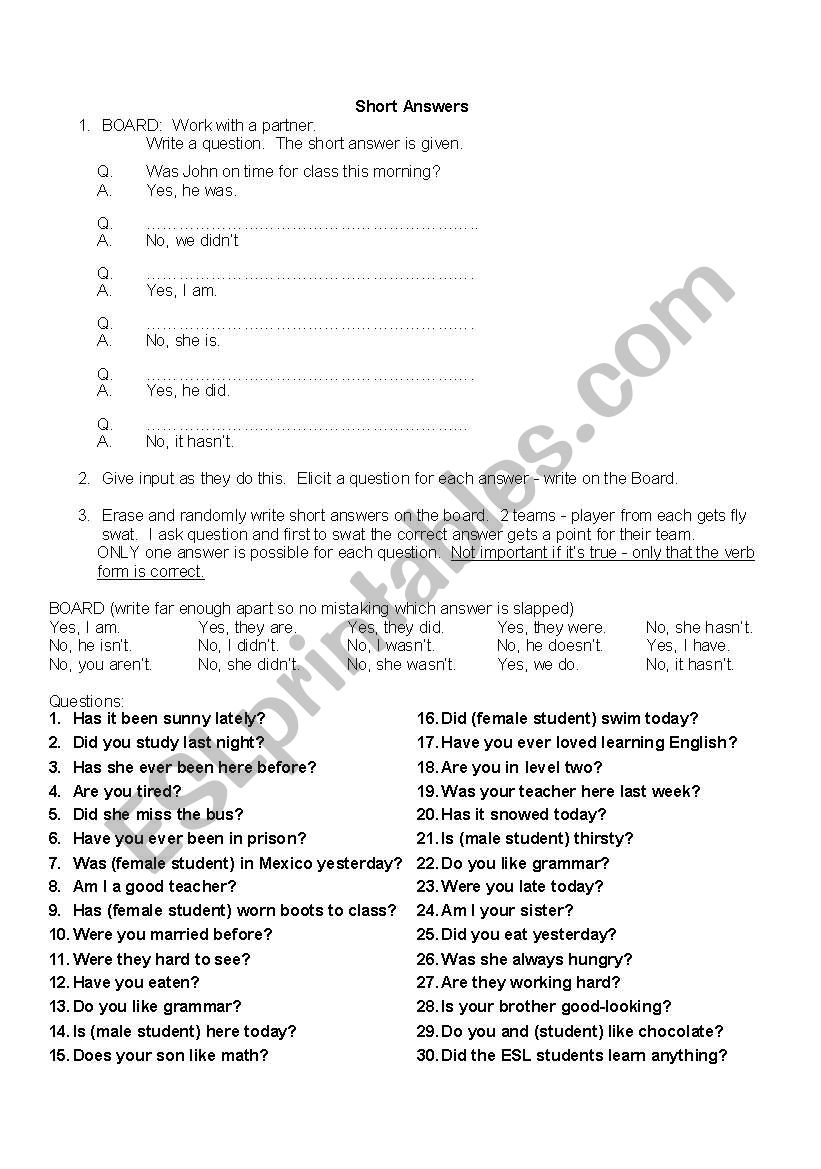 Short Answers Activity worksheet