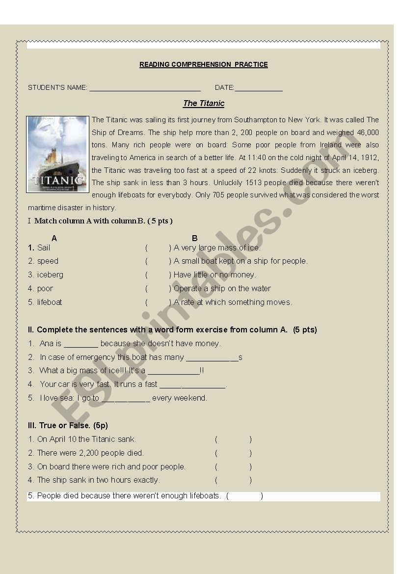 Titanic  worksheet