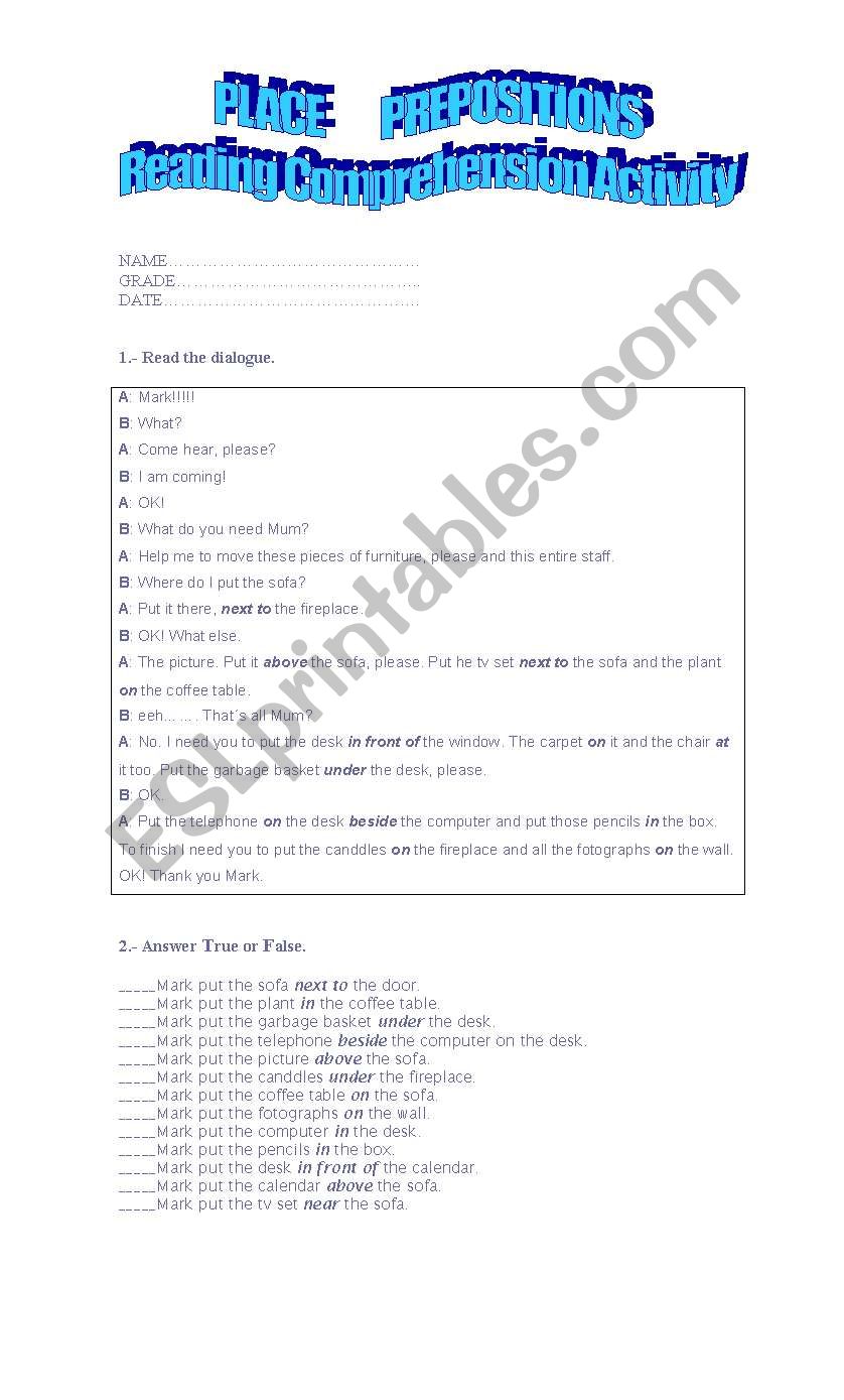 PLACE PREPOSITIONS+READING COMPREHENSION ACTIVITY