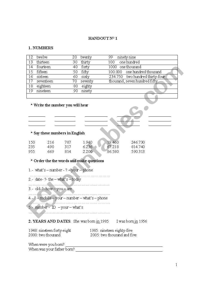 Numbers worksheet worksheet