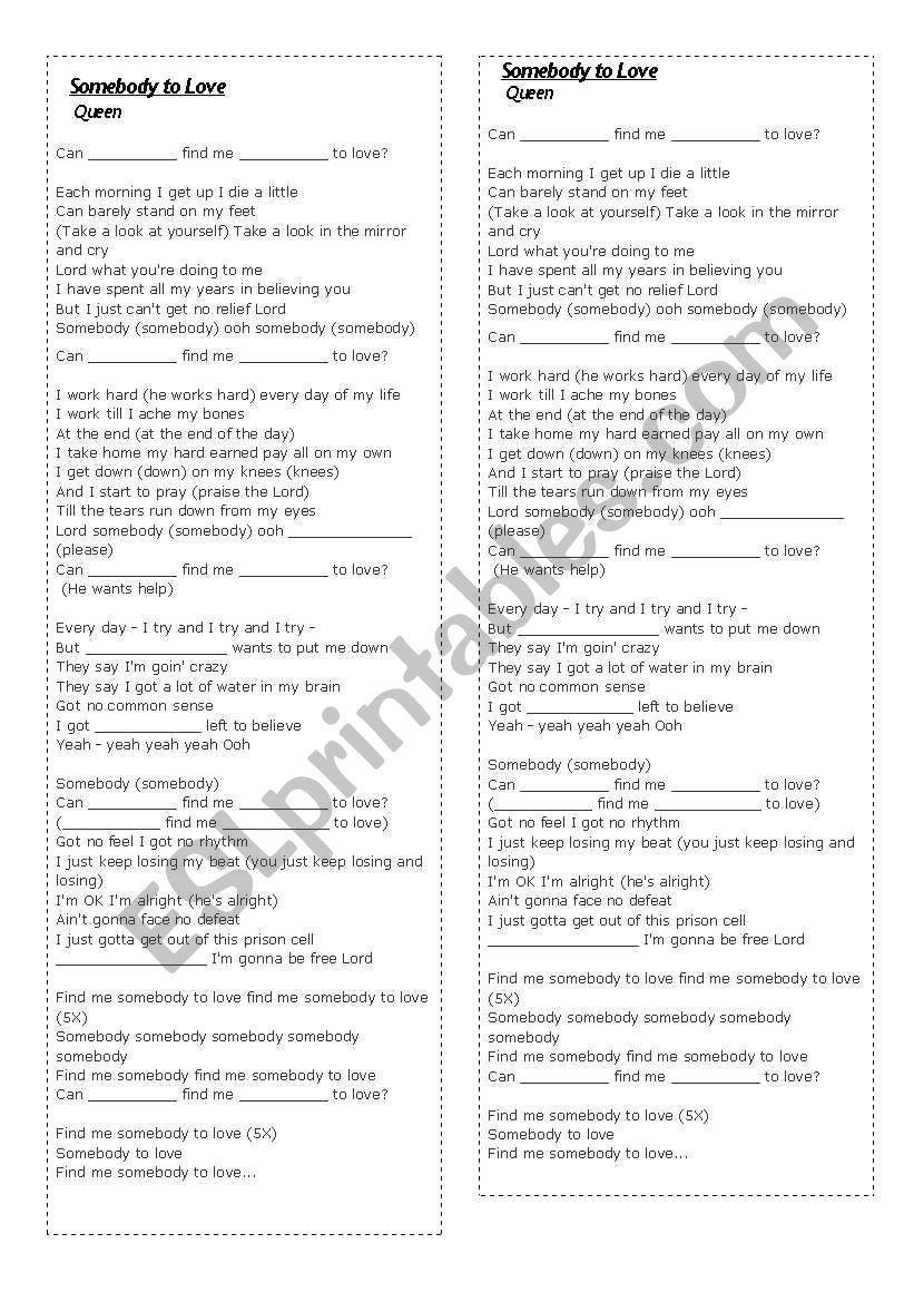 Somebody to love - Queen worksheet