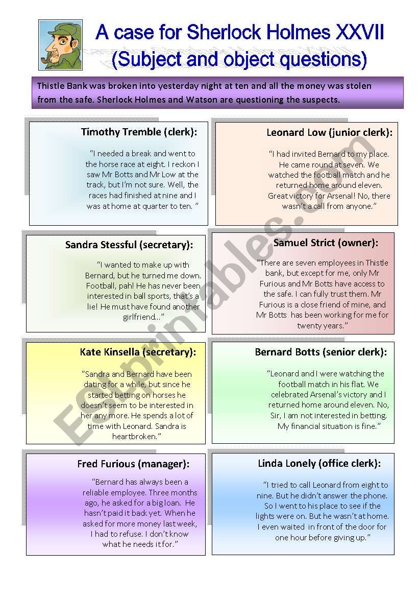 Sherlock Holmes case XXVII: Subject and object questions