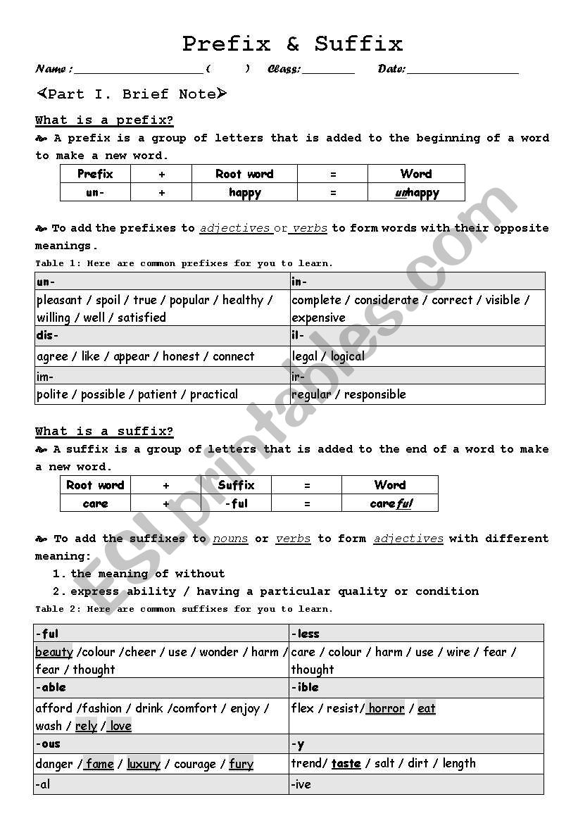prefixes & suffixes brief notes (with practices) - ESL worksheet Inside Prefixes And Suffixes Worksheet