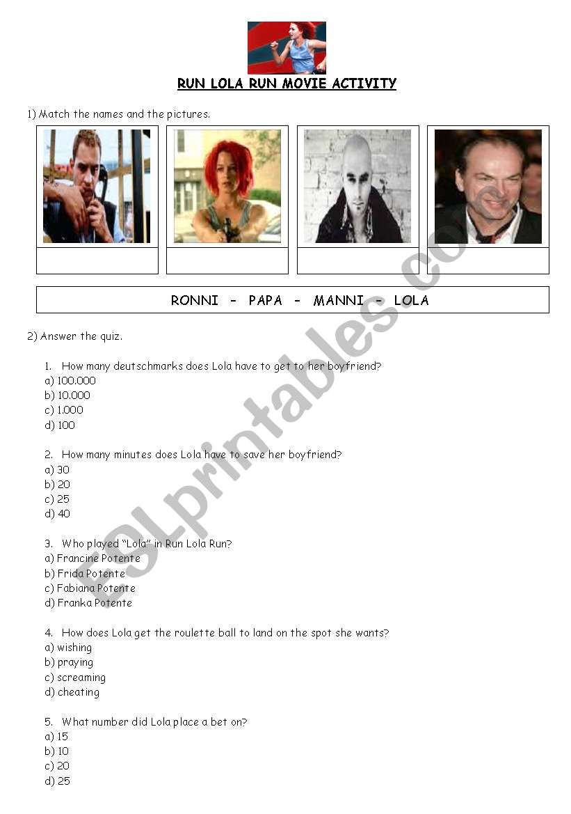 Run Lola Run - Movie Class worksheet