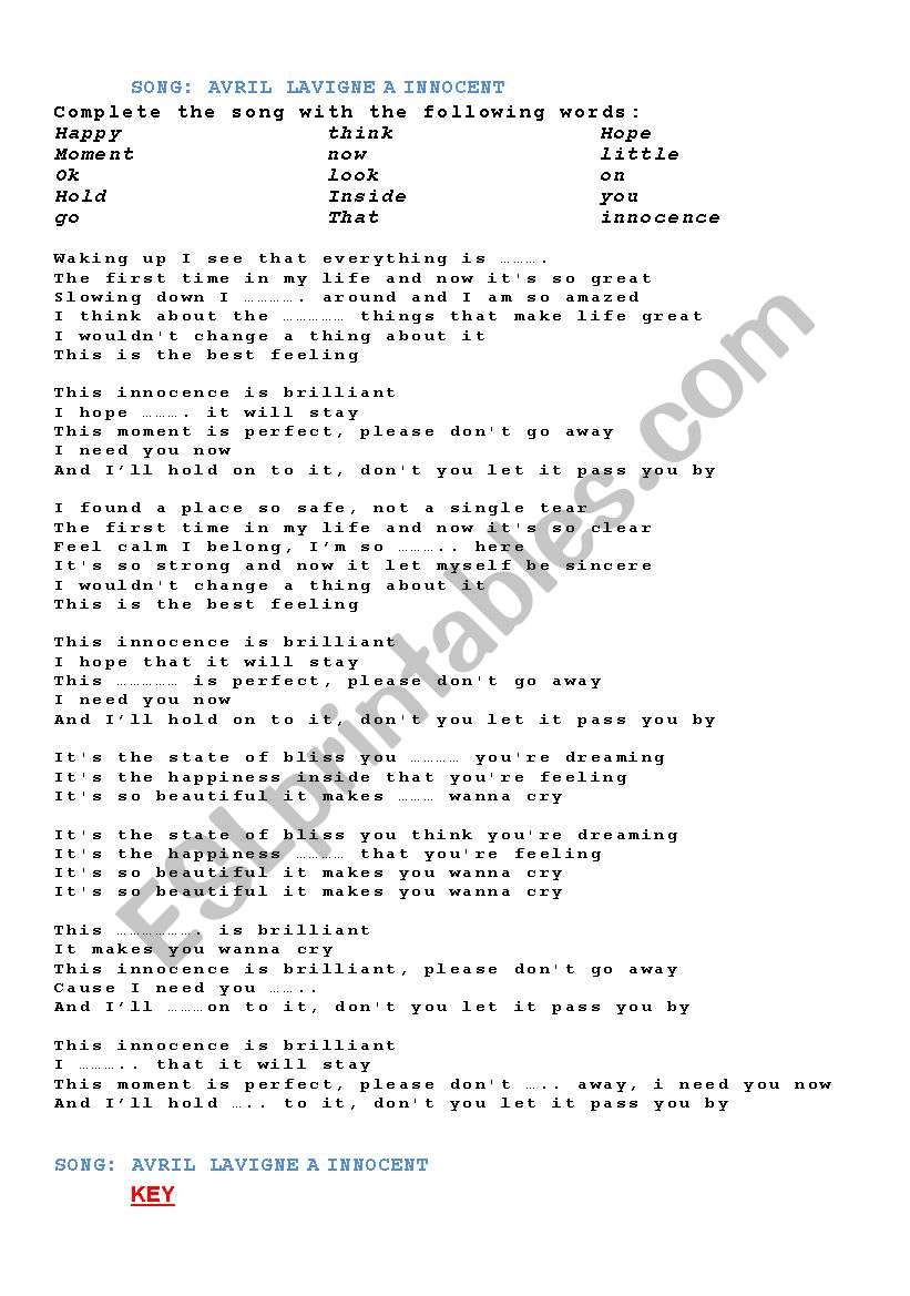 Song Avril Lavigne INNOCENT worksheet