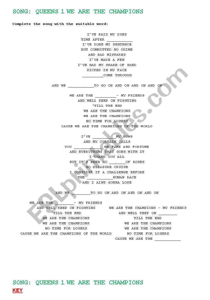 Song we are the champions worksheet