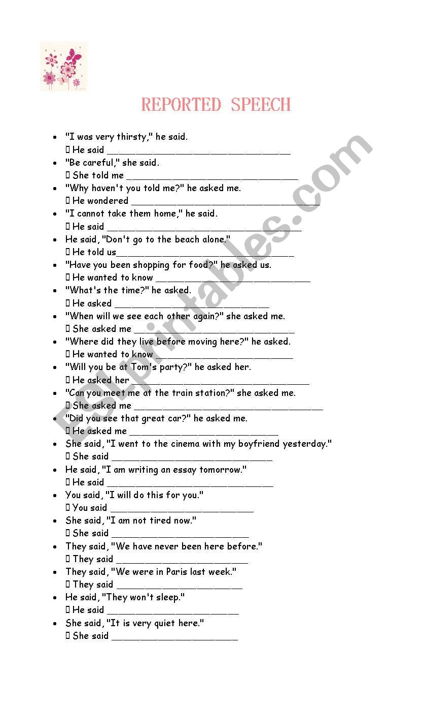 reported speech  worksheet