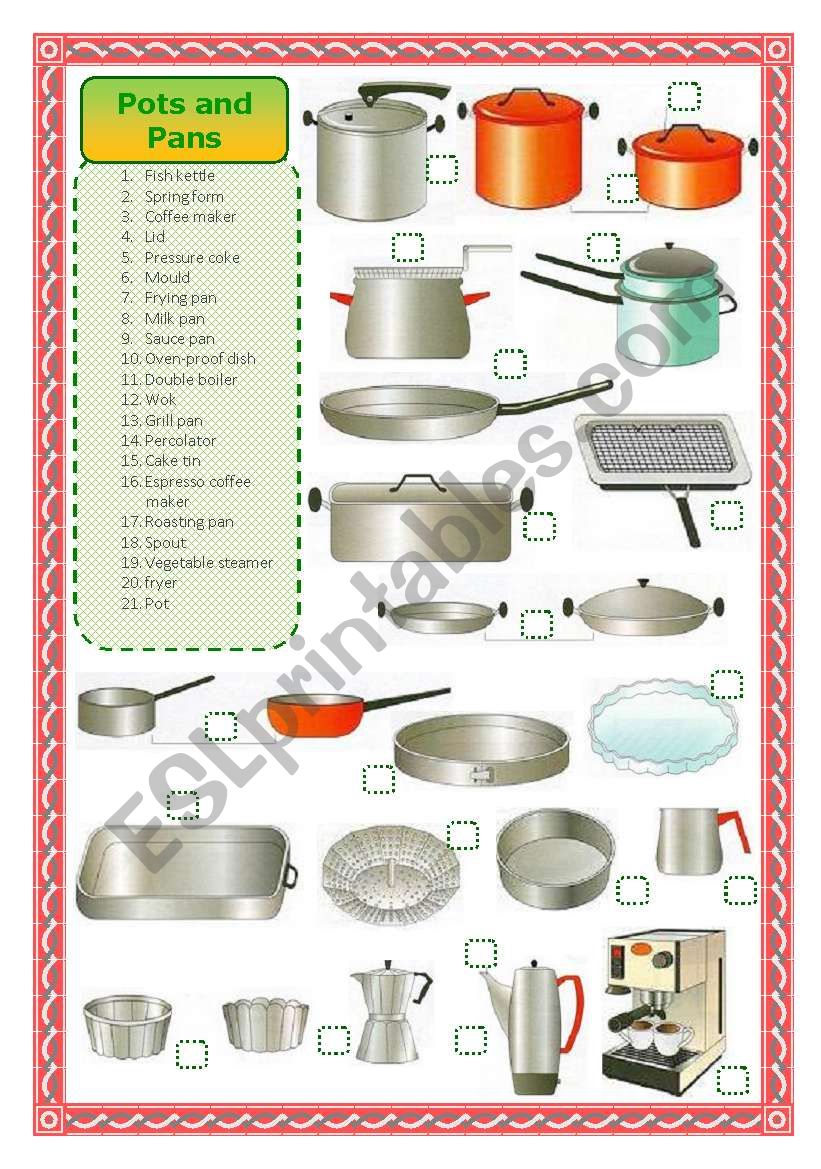 Pots and pans worksheet