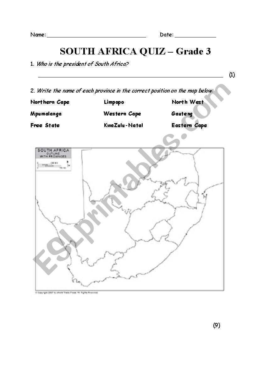 South Africa Quiz worksheet