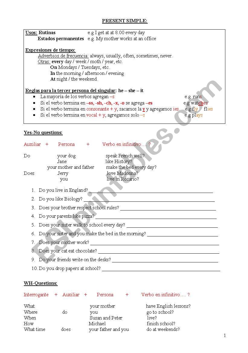 PRESENT SIMPLE - AFFIRMATIVE - NEGATIVE - INTERROGATIVE (3 PAGES)