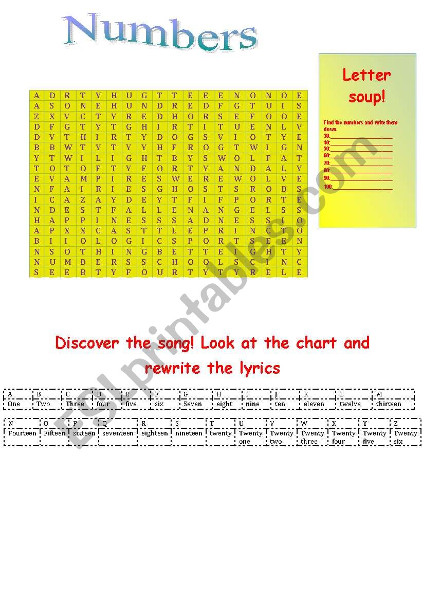 Numbers with song worksheet