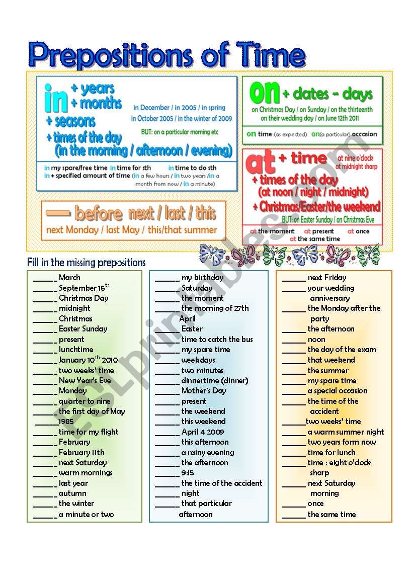 In-On-At Time Prepositions worksheet