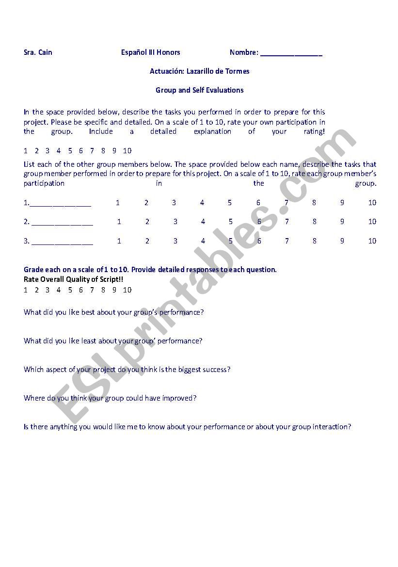 Rubric - Lazarillo de Tormes worksheet