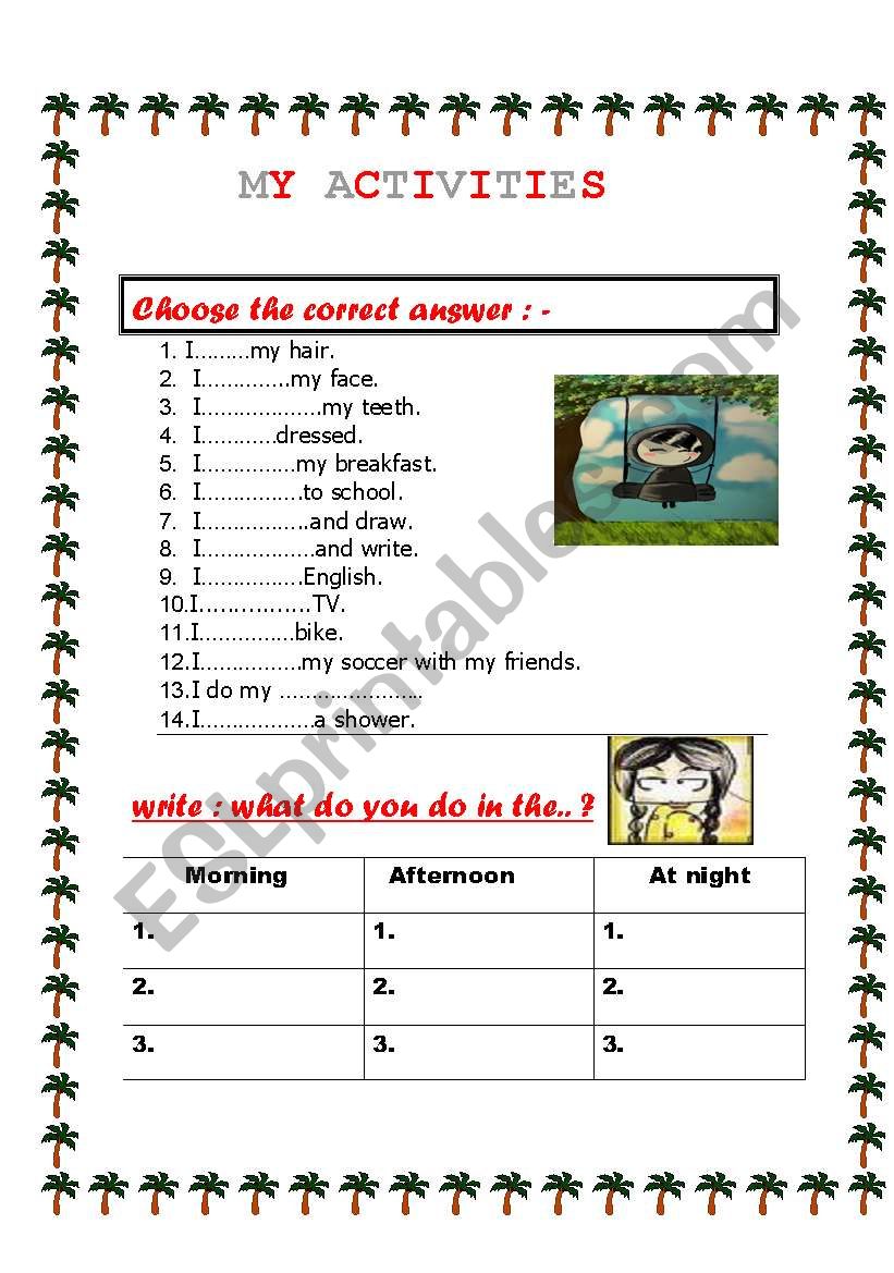 my activities worksheet