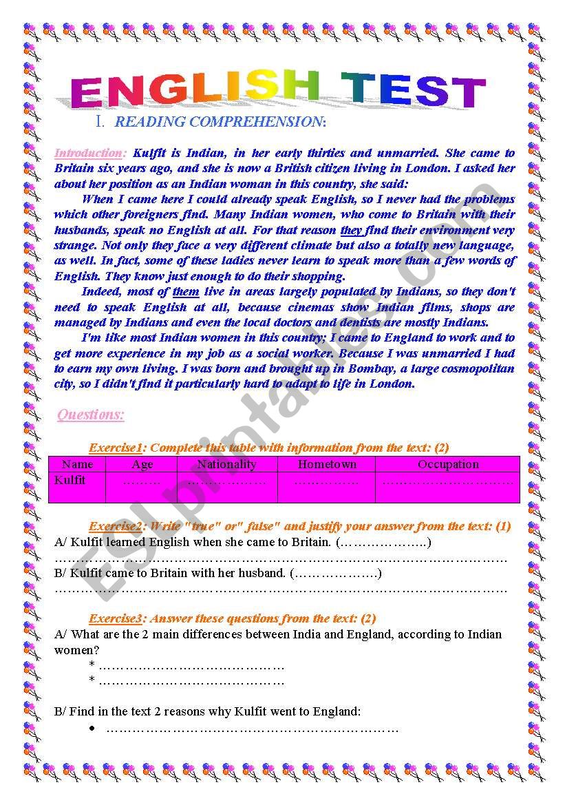 TEST FOR INTERMEDIATE worksheet