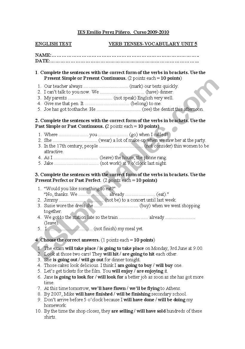 Verb tenses test worksheet