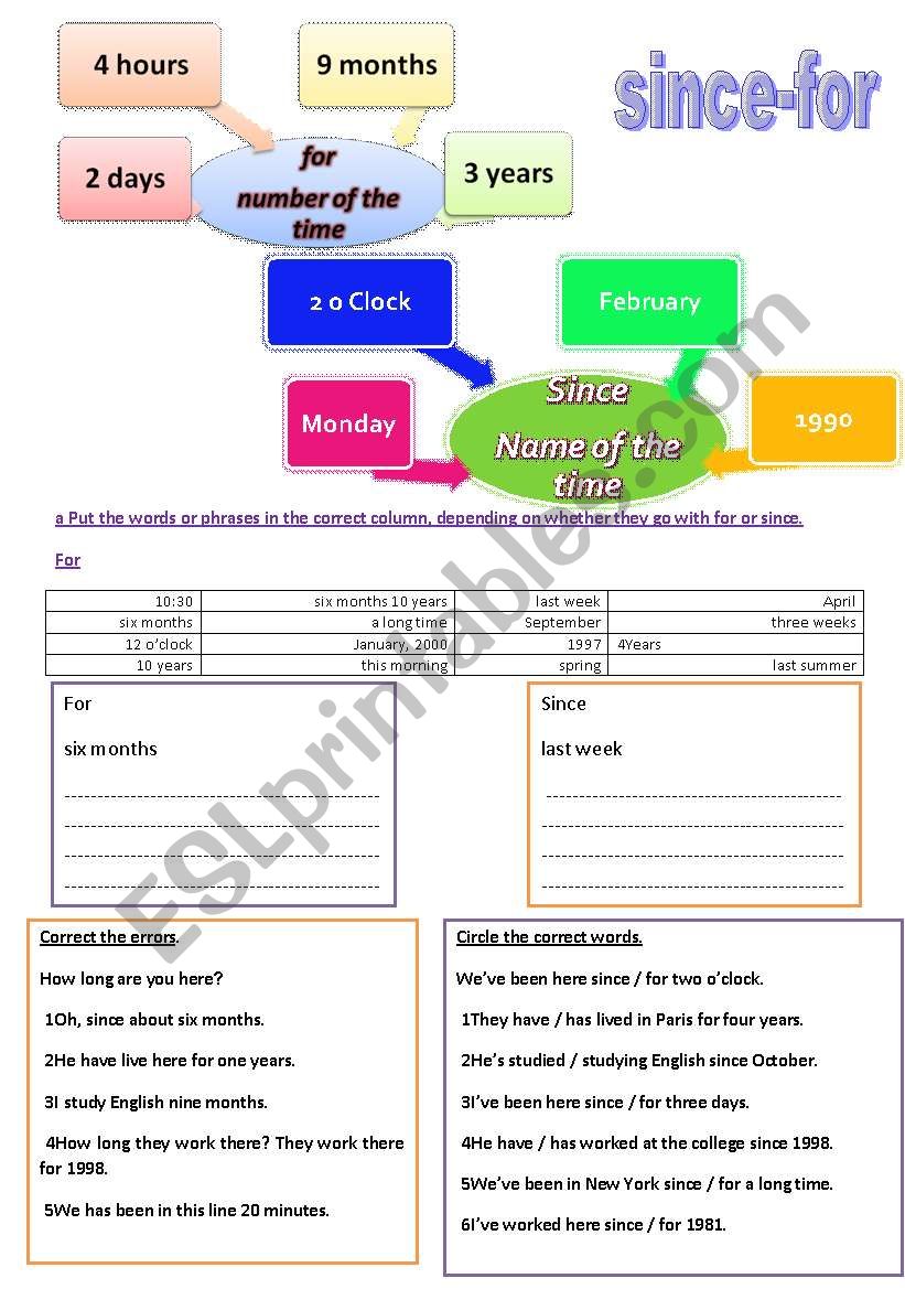 since-for worksheet