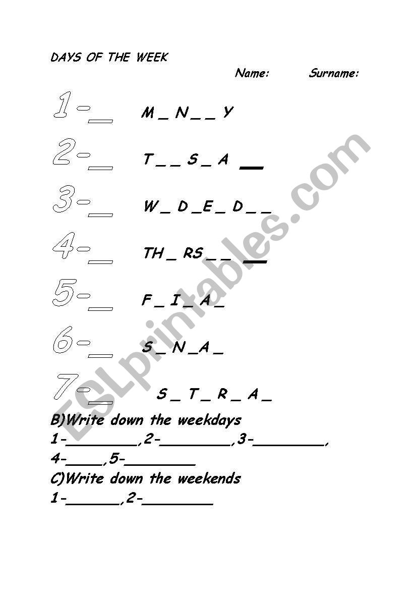 Days worksheet