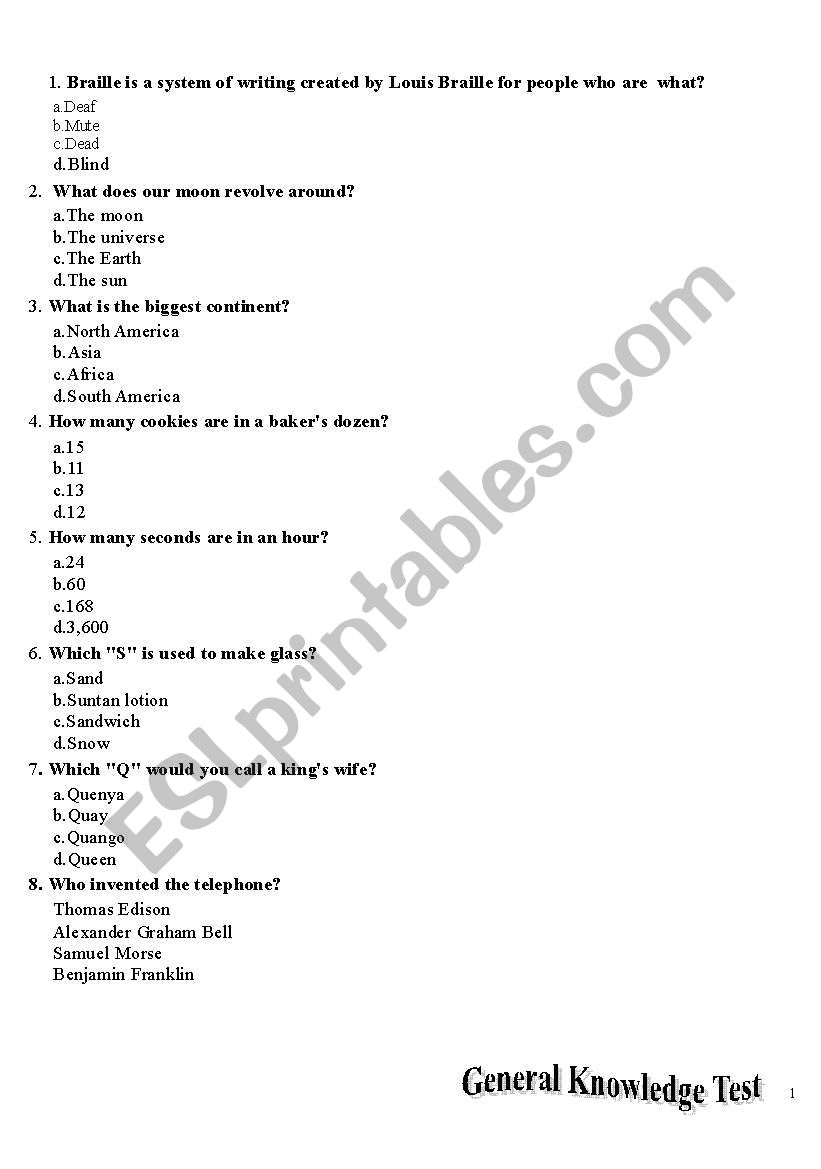 General Knowledege Test worksheet