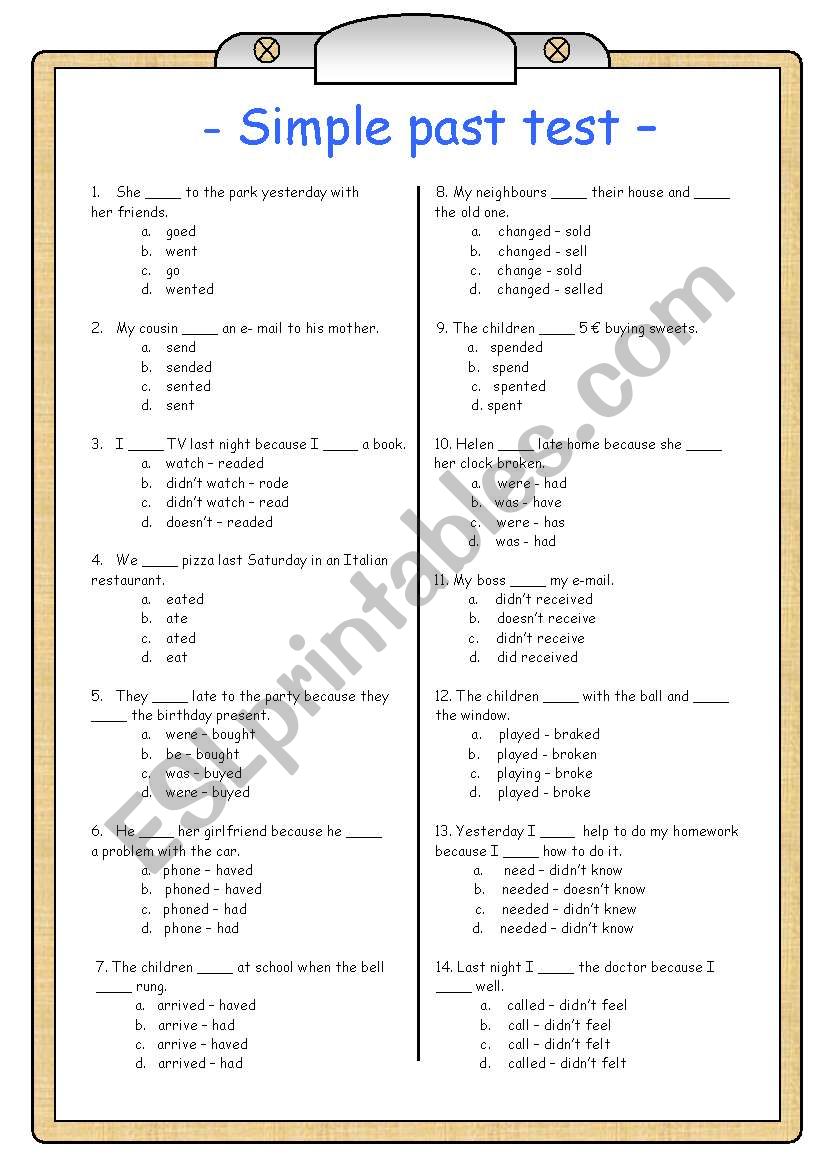 Simple past test worksheet