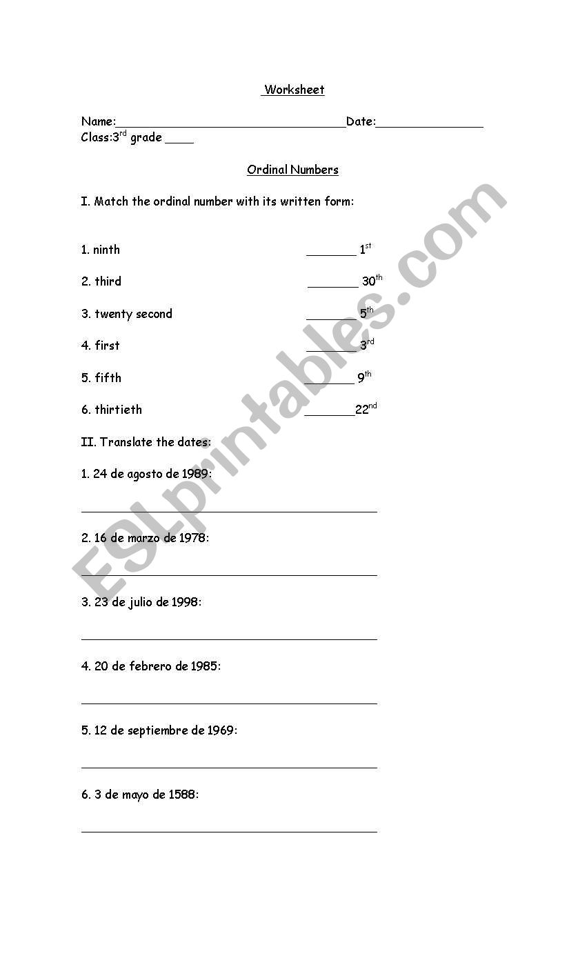 Ordinal Numbers worksheet