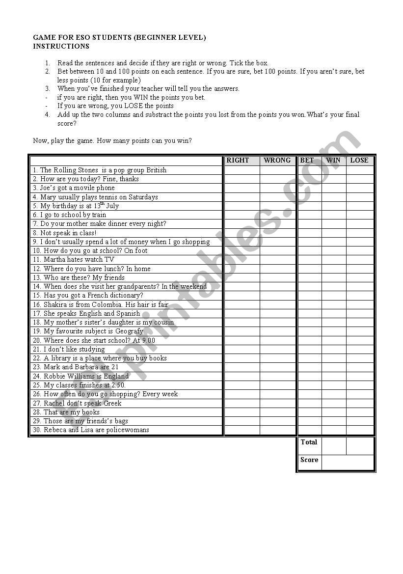 GAME FOR E.S.O. STUDENTS worksheet