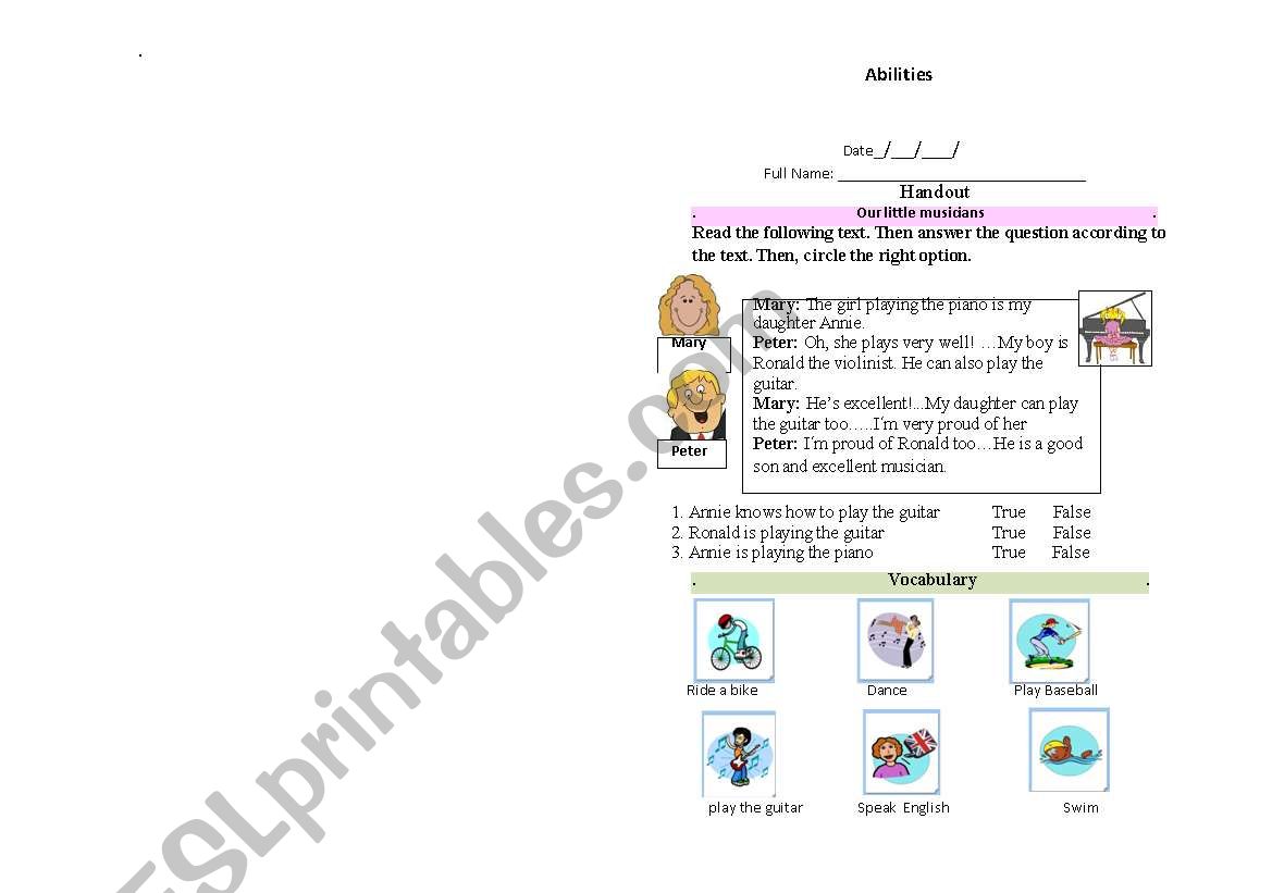 Can and cant for Abilities worksheet