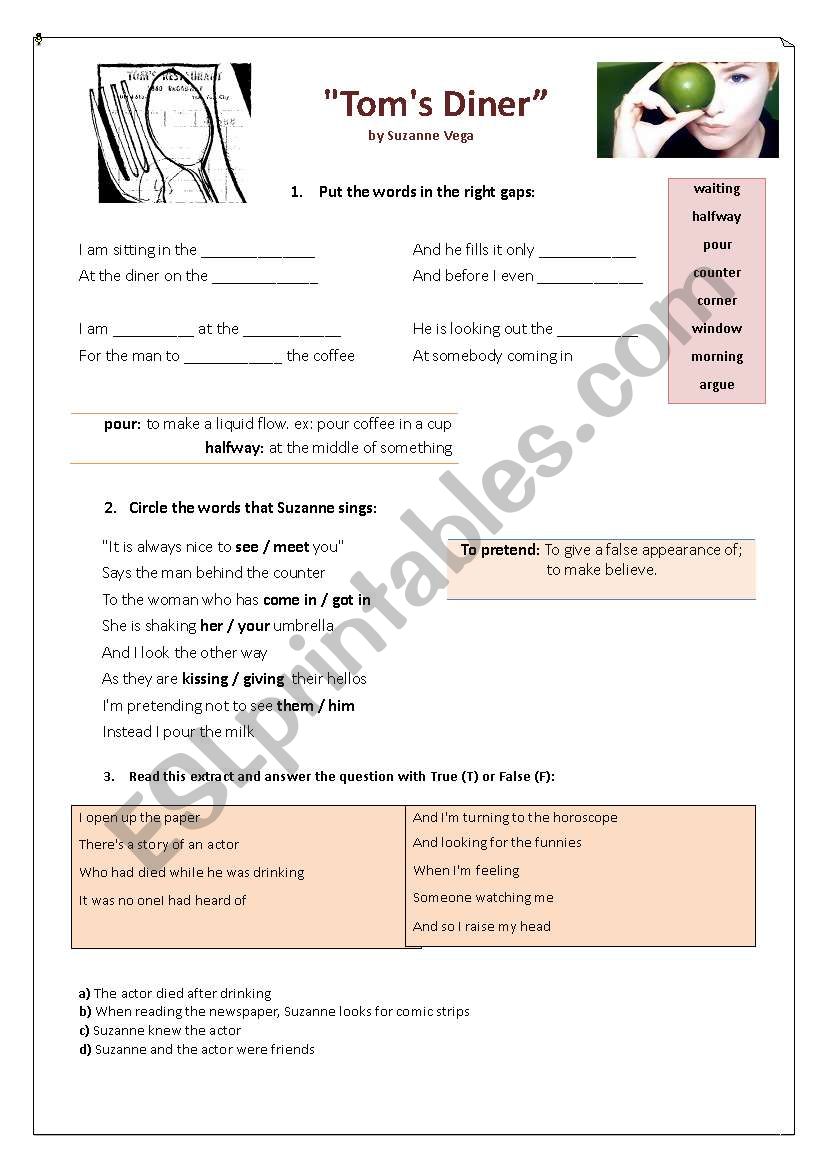 TOMS DINER worksheet