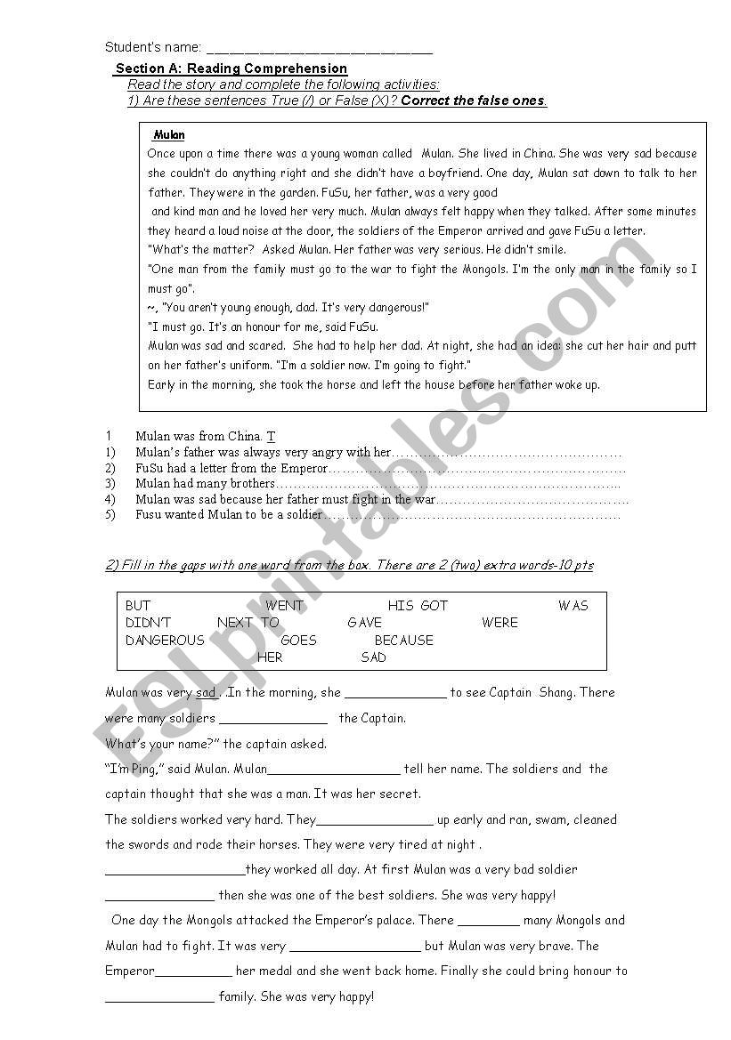 MULAN  worksheet