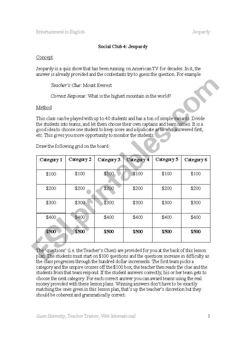 Entertainment in English- Jeopardy